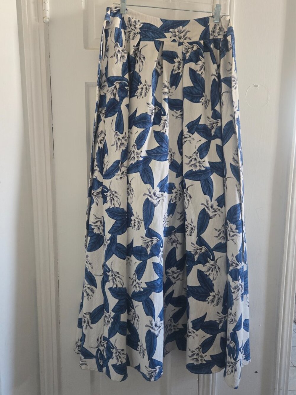 blue and white floral maxi skirt.